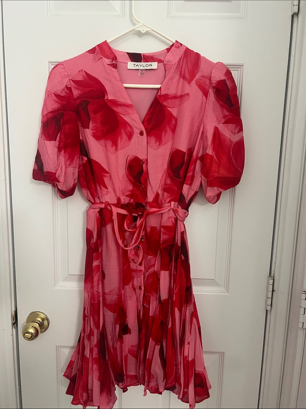 Taylor Pink & Red Floral Tie-Waist Mini Dress